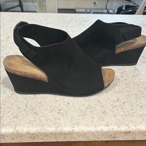 Pierre Dumas Black Suede Peep-Toe Wedge Sandals